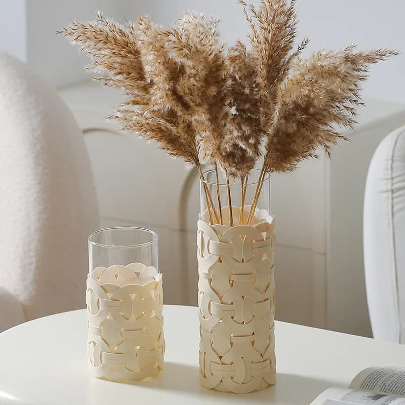 Woven Leather Glass Vase Straight Glass Flower Arrangement For Home Decoration Handmade Leather Vase Modern Desktop Ornament