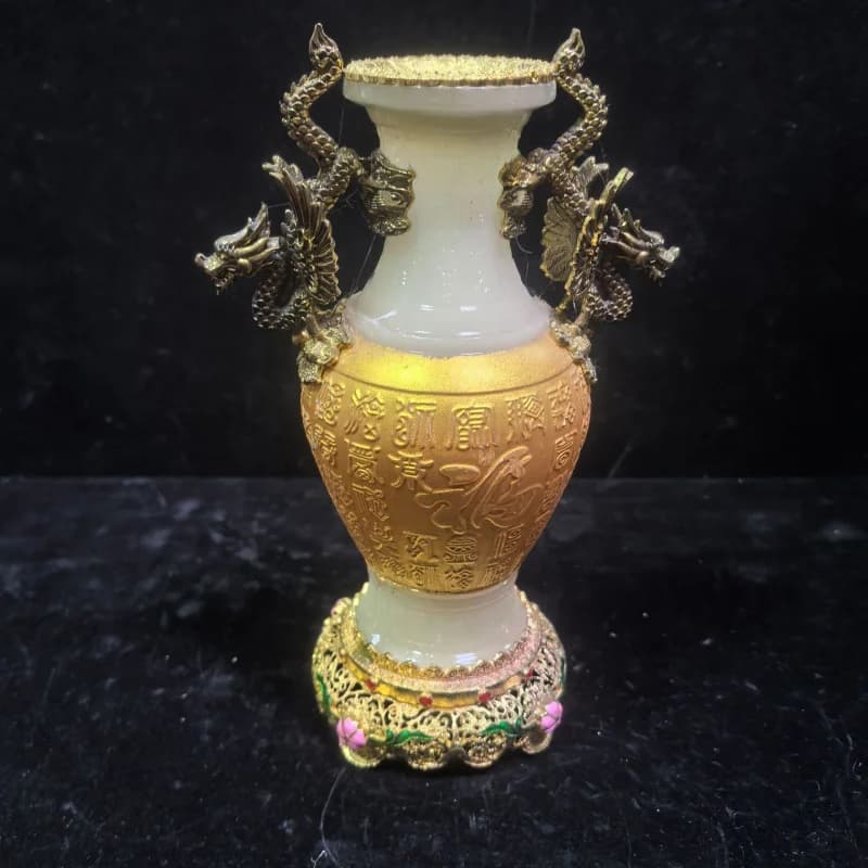 Antique-Style Resin Gilded Double Dragon Vase with 'Fu' Character, Porcelain Vase Base, Hollow Flower Vase Ornament, Gilded