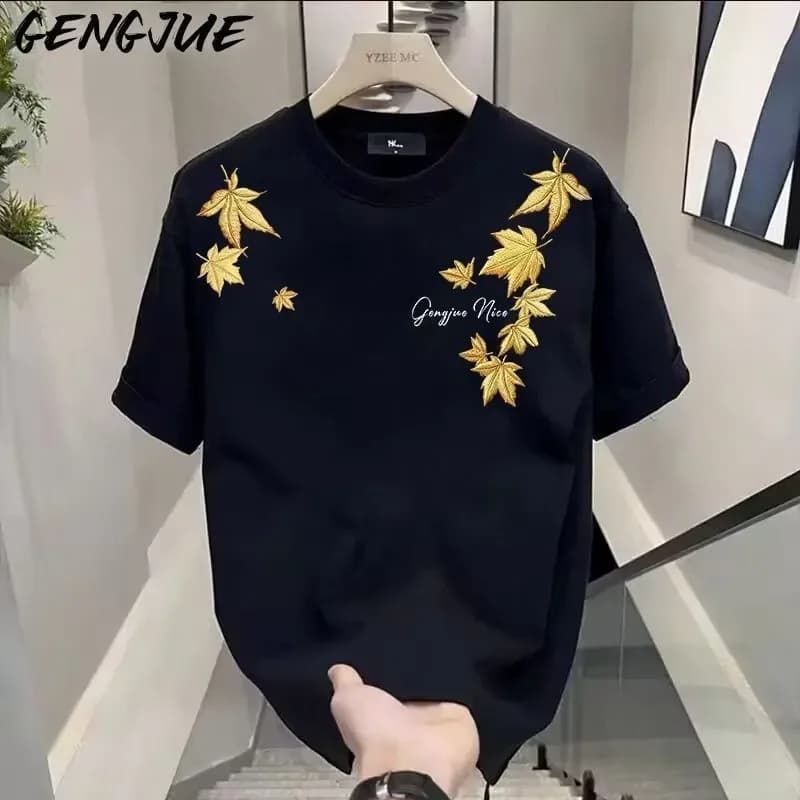 Black Men's Casual T-Shirt with Gold Maple Leaf Embroidery Print Short Sleeve Round Neck Tee for Daily Wear Spring Summer