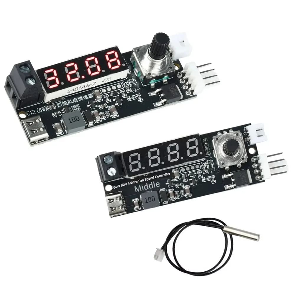 PWM Fan Speed Controller 5V/12V 4Pin Smart Temp Control Module Type-C Digital Temp RPM NTC Probe PC Aquarium Greenhouse Cooling