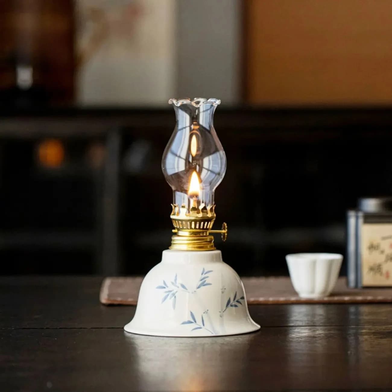 Hand Drawn Floral Retro Kerosenes Lamp Large Capacity Ceramic Butter  Lamp Holder Chinese Style Study Bedroom Night Oil Lamp