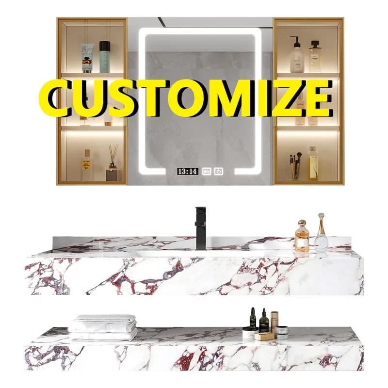 Any Size Custom Commercial Hotel Natural Marble Bathroom Vanity Sink Seamless Floating Durable Easy Clean Multi Stone Opts