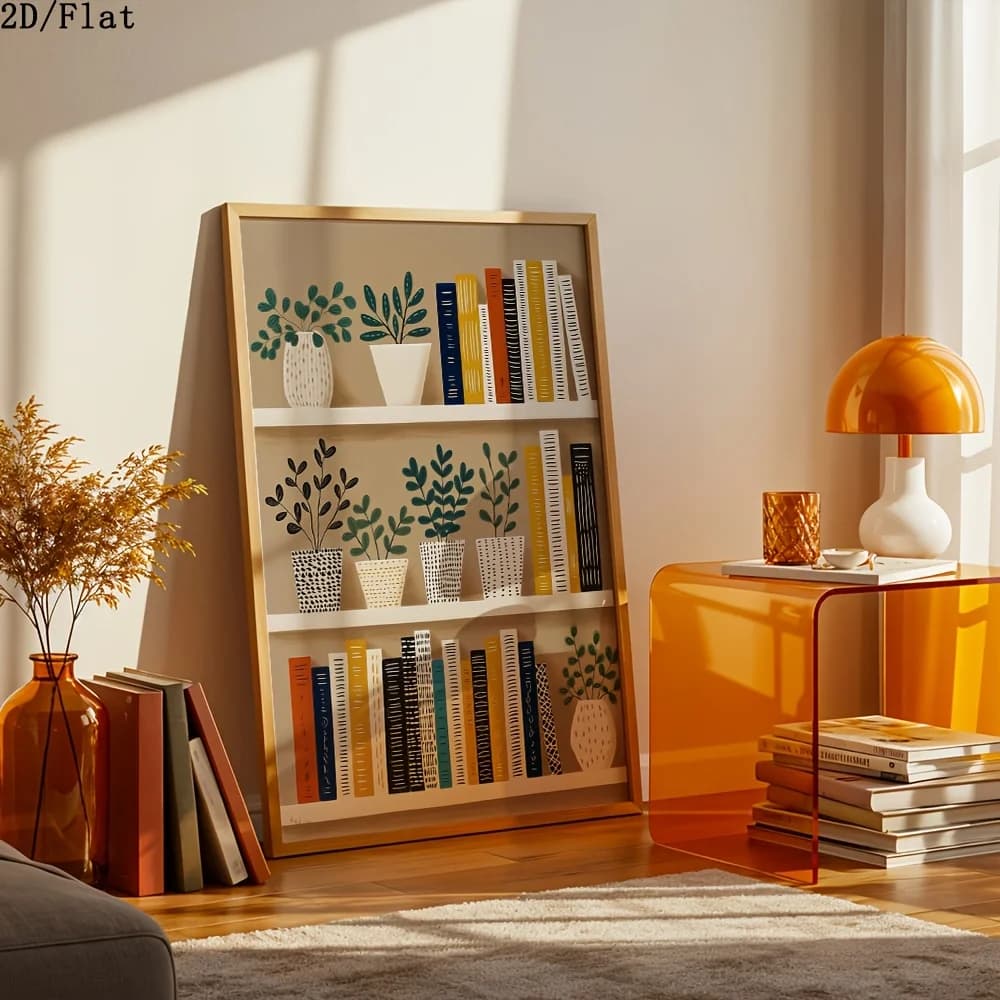 Minimalist Bookshelf With Plants & Books Canvas Poster Wall Art,2D Print Wall Decor,Aesthetic Home Gift For Living Room Study