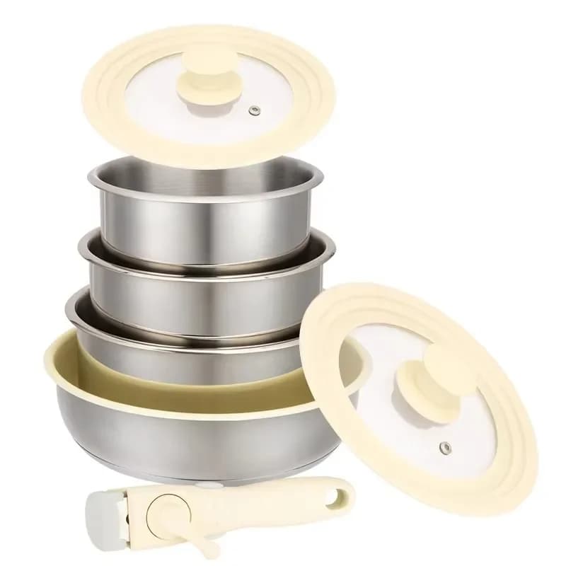 Manufacturer 7 Piece Nonstick Stainless Steel Cookware Set Fry Pans Pots With Detached Handle