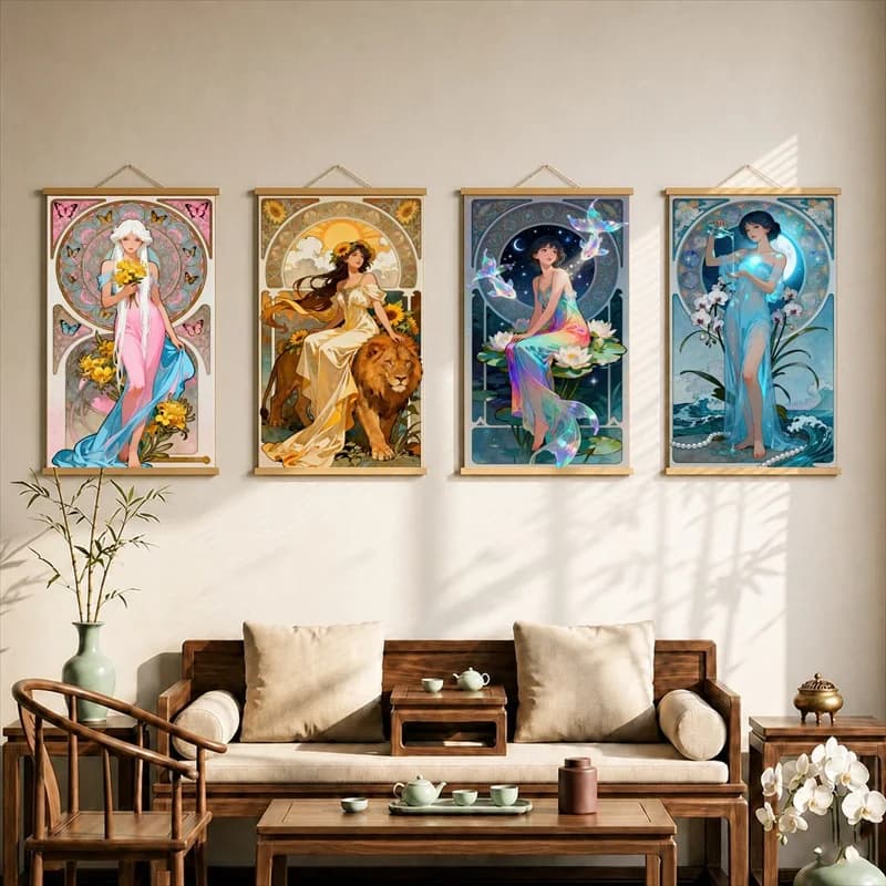 Wall Decor Celestial Zodiac Figures, Art Nouveau Pearlescent Canvas Hanging Scroll with Wooden Rods for Meditation Nook