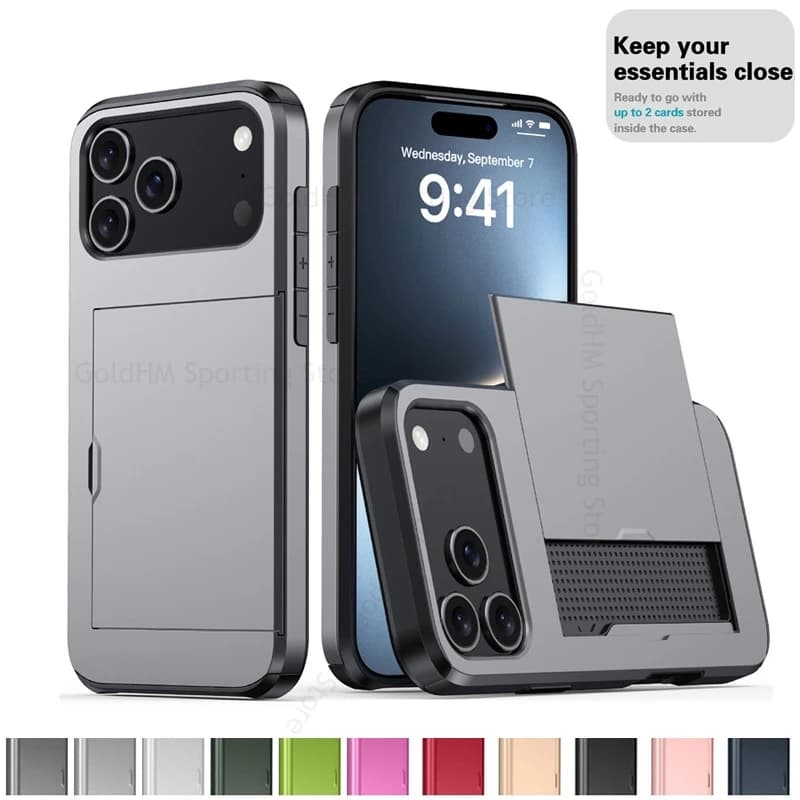 Capa For iPhone 17 15 16 Pro Max Slide Card Holder Tough PC Case For Apple 17 Air 16E 15 Plus 14 13 17 Pro Max Heavy Duty Cover