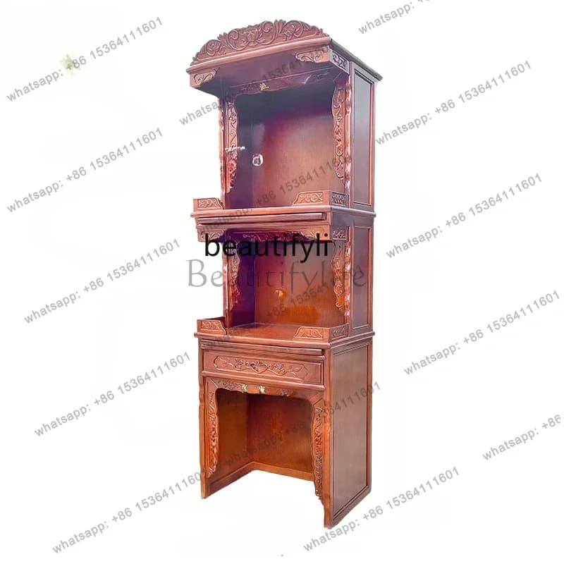 Three-Layer Buddha Cabinet Household Solid Wood Altar Rosewood Color Buddha Statue Landlord God of Wealth Worship Table