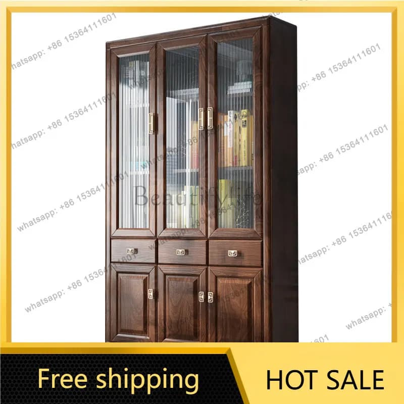 YJ New Chinese Solid Wood Bookcase With Glass Door Floor Standing Wall Cabinet American Style Study Living Room Storage Cabinet