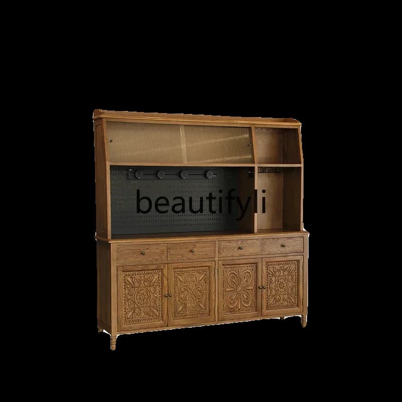 05American rural solid wood dining side cabinet, hole board integrated high cabinet, wall storage cabinet, multi-functional