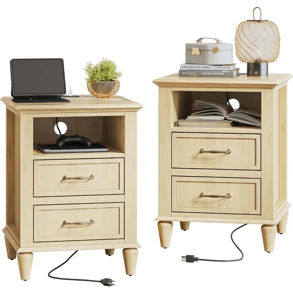 Nightstand Set of 2 with Charging Station, 18" End Table with 2 Drawers, Wood Side Table,Narrow Night Stand Bedside Cabinet