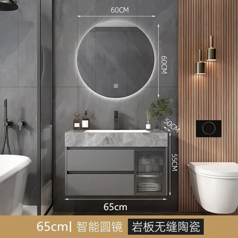 Bathroom Cabinet Rock Ceramic Sink Floating Bathroom Vanity Wall Mounted Led Mirror Vanity with Sintered Stone Countertop Toilet