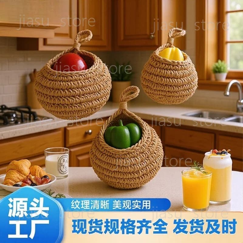 Cotton Linen Rope Wall Hanging Storage Basket Fruit Veggie Holder Hanging Flower Pot Decor