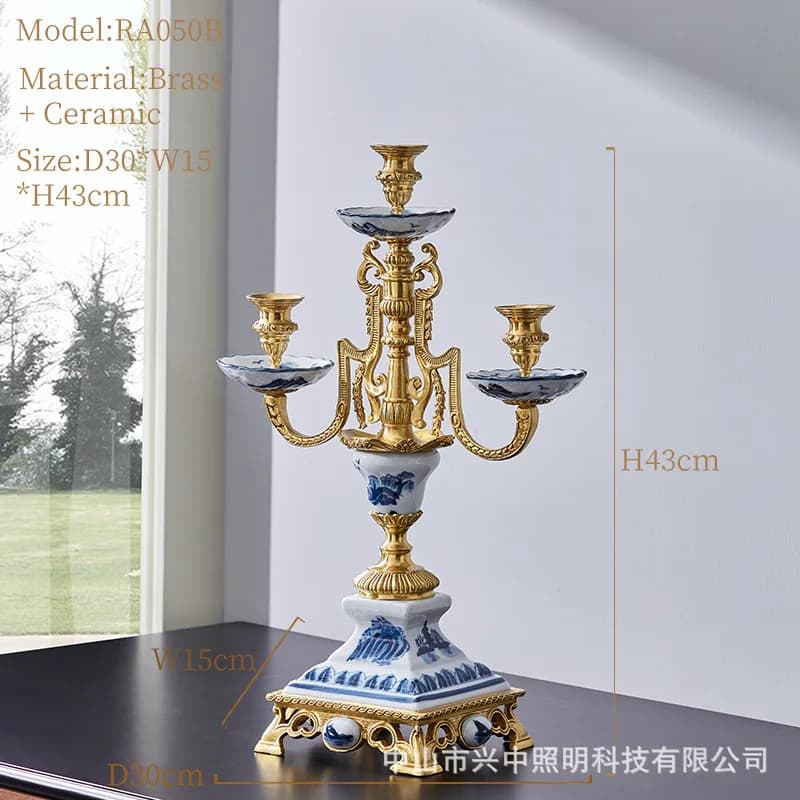 DSA luxury soft home model room decoration, luxury nostalgic ceramic with copper candlestick creative ornament