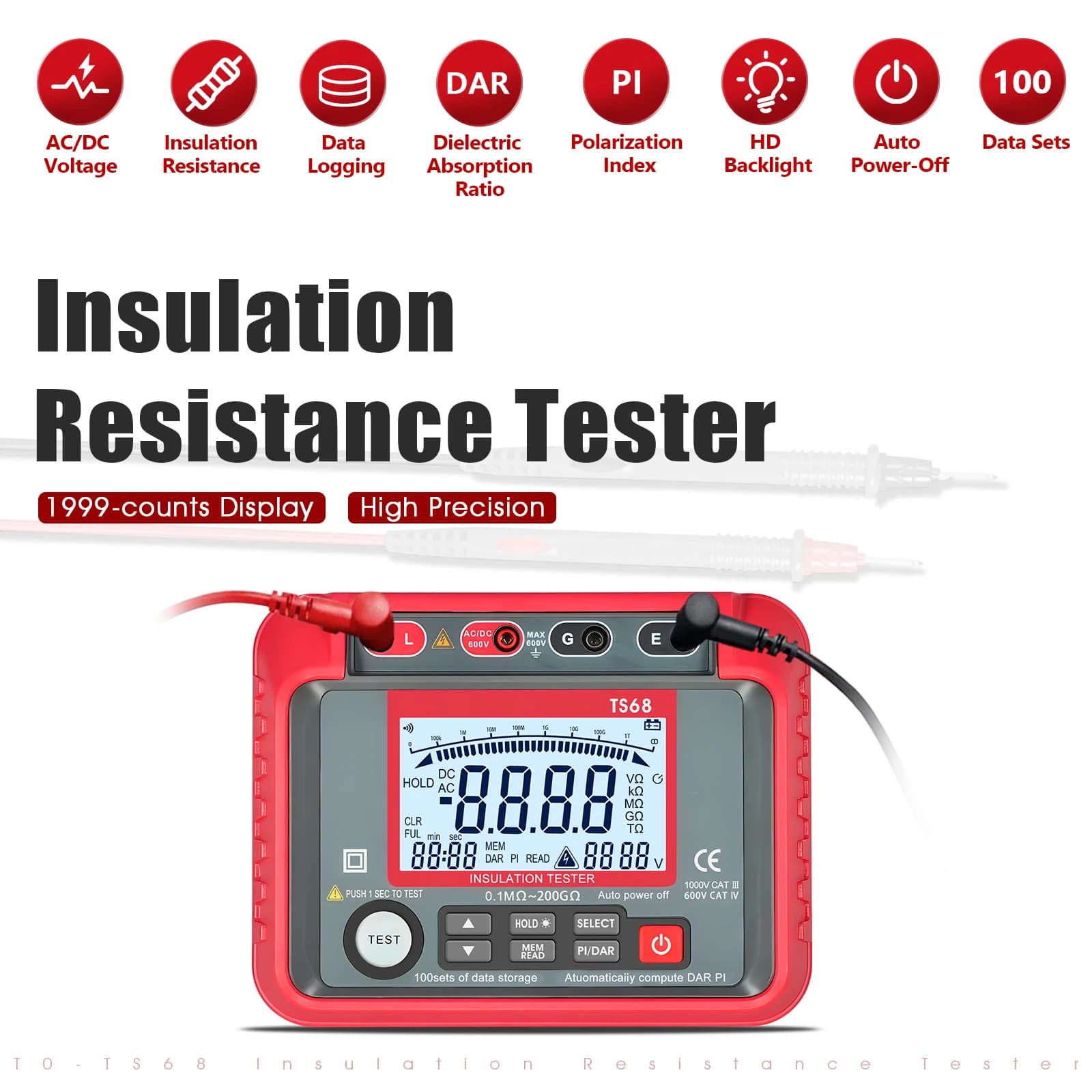 Megohmmeter Insulation Resistance Tester, 1MΩ-200GΩ Megger Megohm Testing Meter with Backlight LCD Display, 100 Data Storage