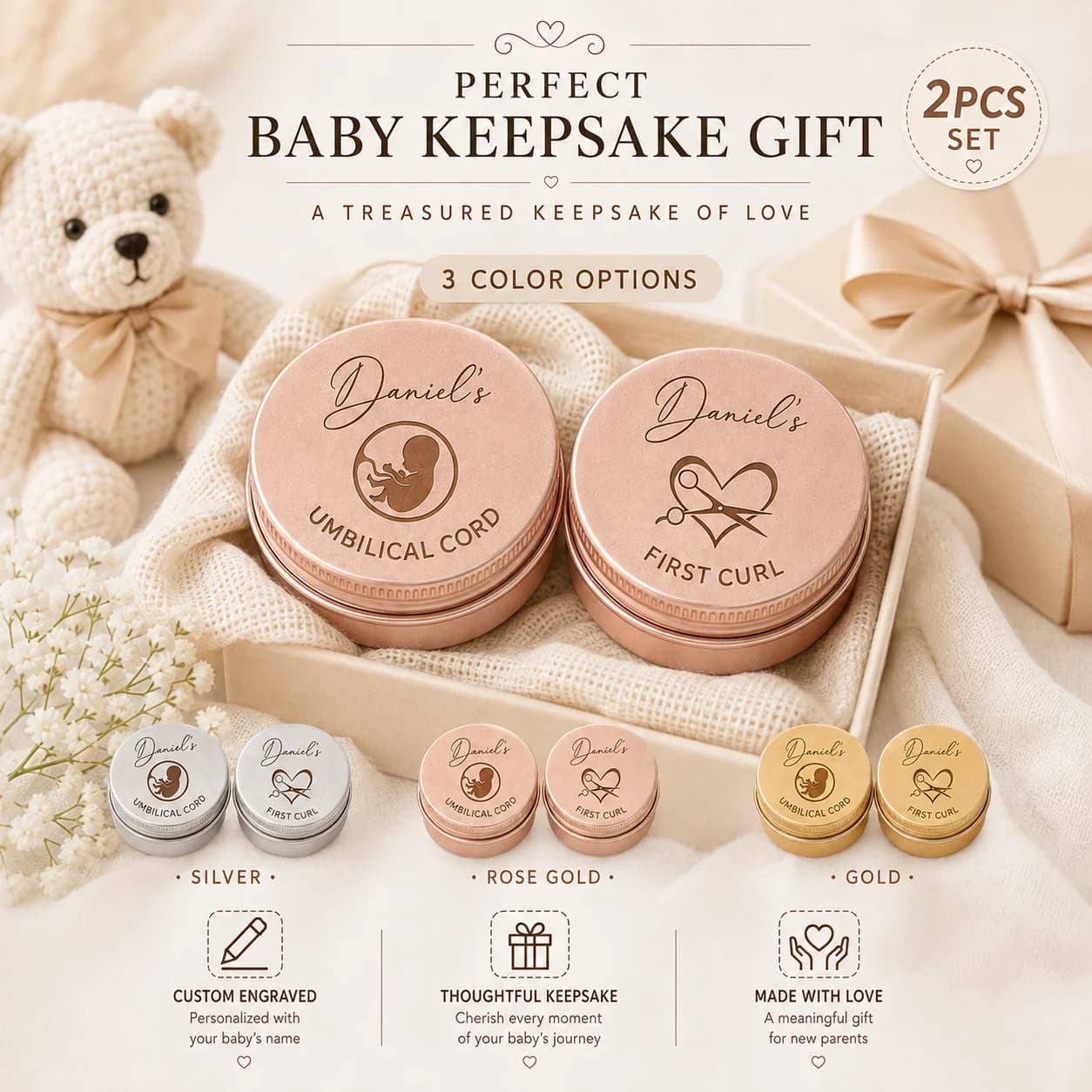 2Pcs Custom Personalized Engraved Keepsake Boxes, Can Be Engraved with Names and Dates, Suitable for Preserving Hair, Teeth, and Umbilical Cords/Vintage Scissor Design Box, Suitable for Baptism Gifts, New Parent Gifts, Father's Day Gifts, Birth Souvenir, Gift for New Parents, Pregnancy Gifts Etc