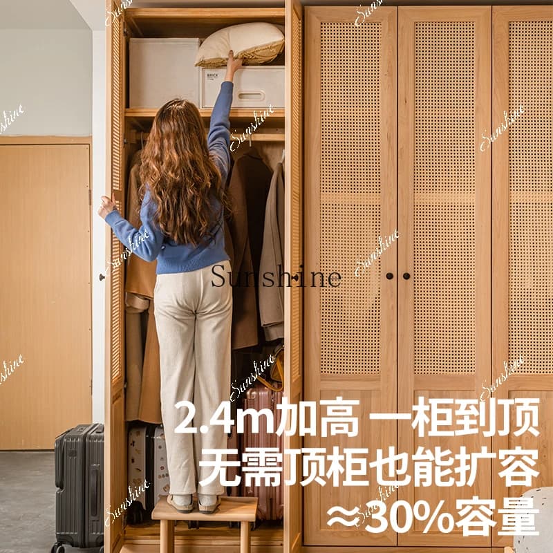 All solid wood rattan five-door Japanese wardrobe small apartment with raised log style bedroom  FT