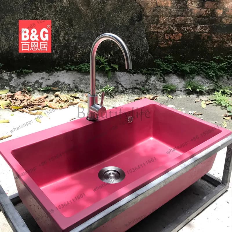 Customized rose red quartz stone sink single sink kitchen vegetable basin dishwasher granite handmade color basin