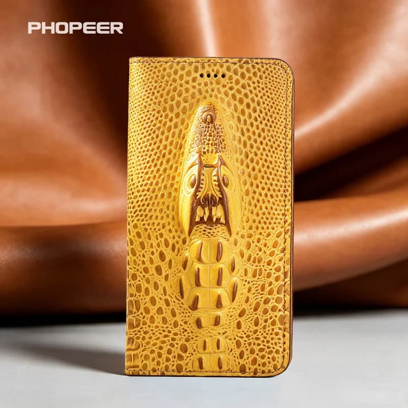 Luxury Genuine Leather Case for Samsung A06 16 26 36 56 07 17 37 57 4G 5G 3D Crocodile Head Flip Phone Case