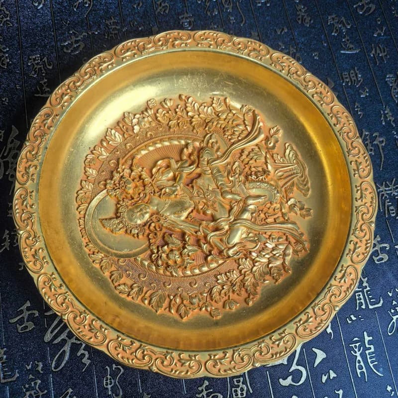Antique Bronze Guanyin Plate 22cm with Eight Diagrams Mirror Relief Craft Ornament