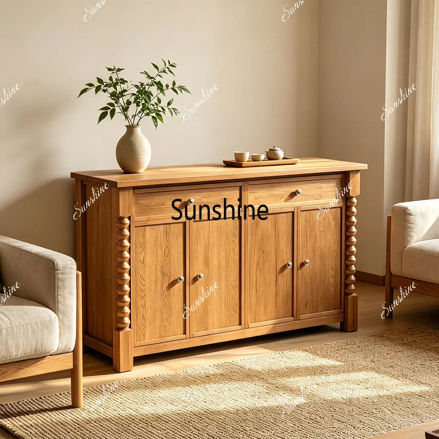 French retro solid wood side cabinet, premium dining room drawer locker