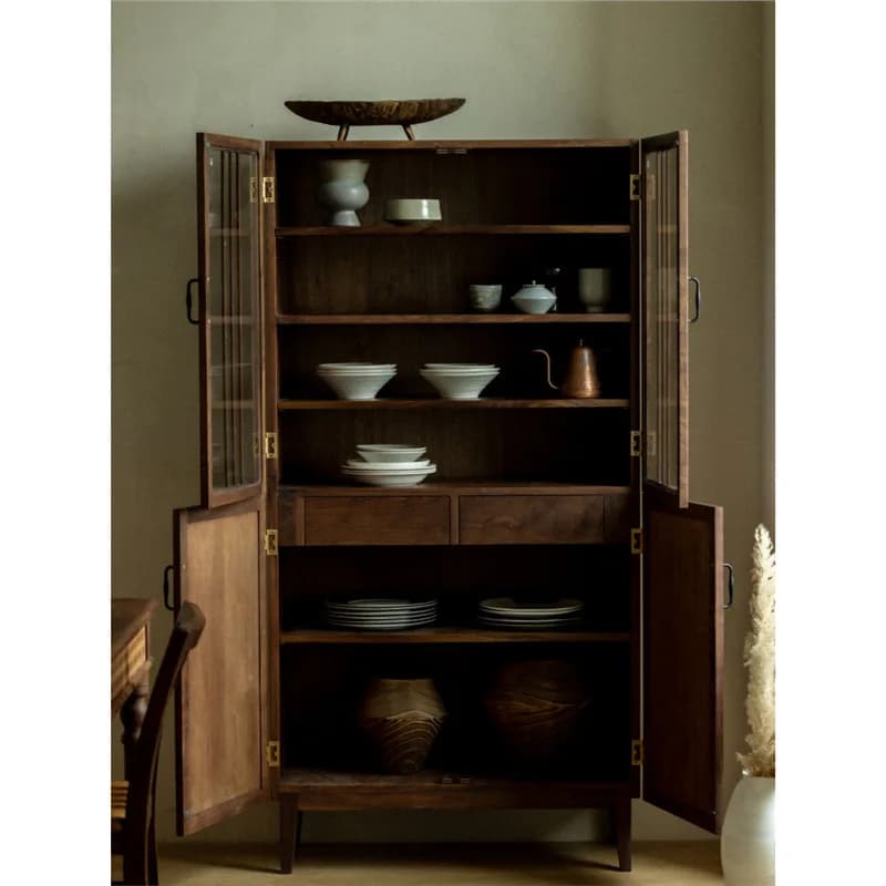 HYS medieval wabi-sabi wind black walnut dining side cabinet solid wood living room locker household storage locker wine cabinet