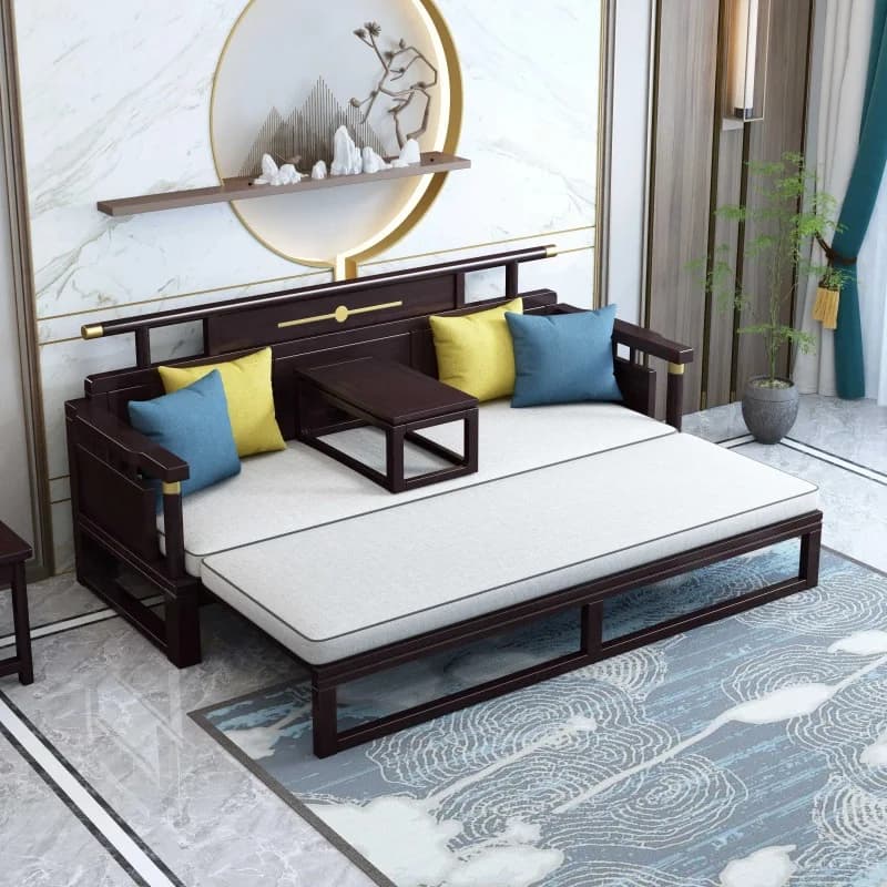 YJQ new Chinese-style all-solid wood sofa push-pull Arhat bed folding dual-purpose small apartment sofa bed