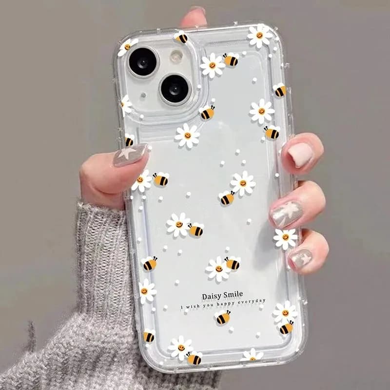 For iPhone 16 15 14 13 12 11 Pro XS MAX XR 16E 7 8 Plus SE 2020 2022 Air Case Summer Floral Flowers Honey Bee Print Clear Cases