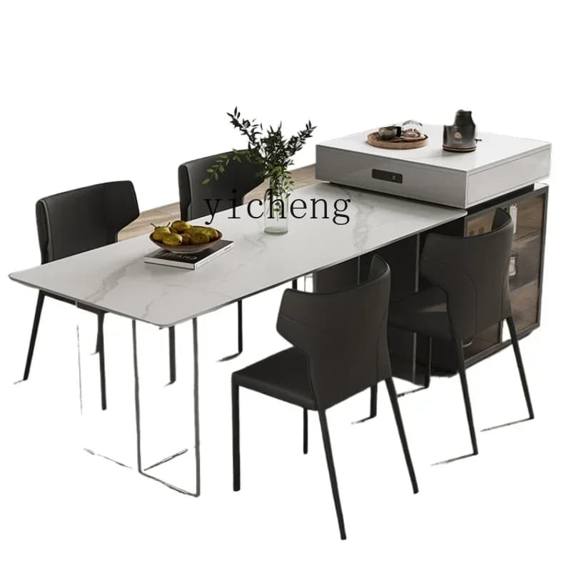 XL acrylic pure black rock slab solid wood island dining table integrated multi-functional dining table and chair combination