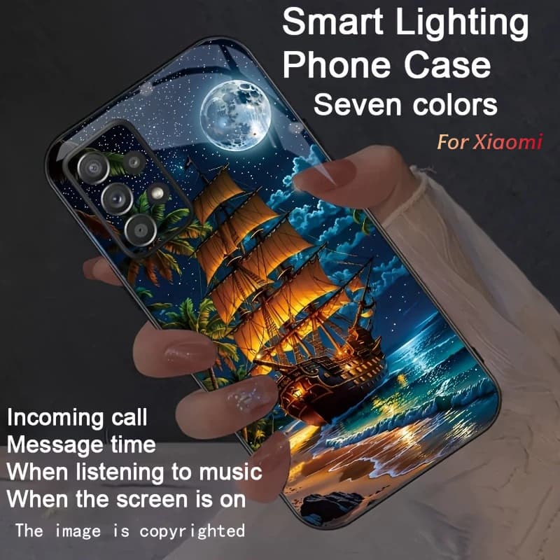 Sail Dream Moon LED Light Glass Phone Case For Xiaomi POCO F9 F8 F7 Ultra F6 Pro POCO X8 X7 X6 X5 Pro Glow Tempered Glass Cover