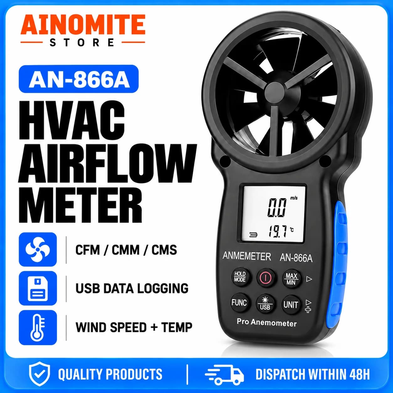 Handheld CFM Anemometer HVAC Airflow Meter, Wind Speed Monitor with Humidity Temperature for AC Air Vent Dust Collector Duct