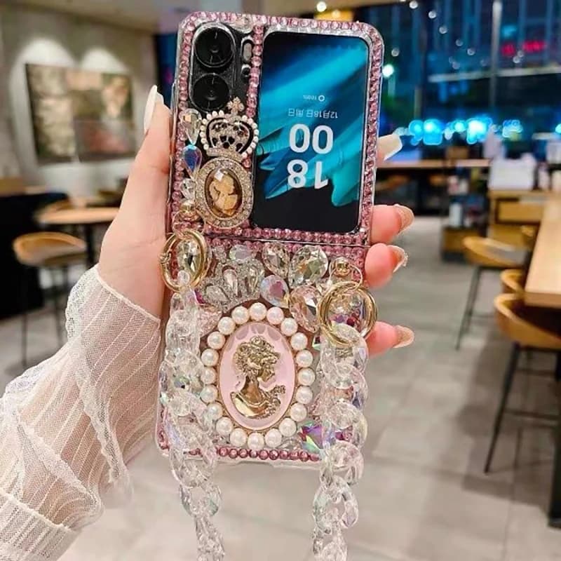 Luxury Diamond Rhinestone Case for Oppo Find N3 Flip / Oppo Find N2 Flip Cover & Bling Crystal Bracelet Chain