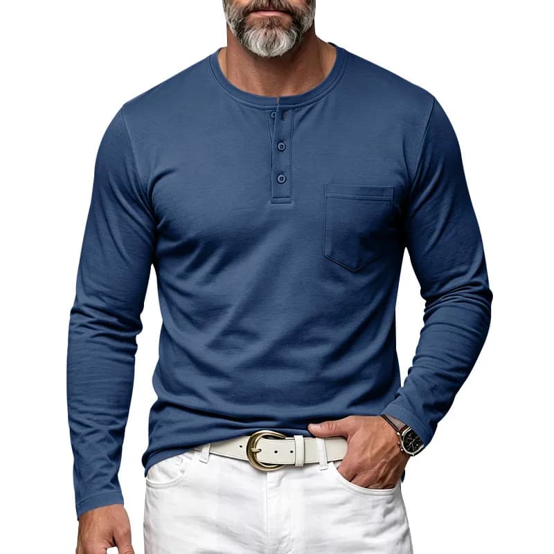 Men's Henley Long Sleeve T Shirt With Chest Pocket Solid Color 3 Button Placket Casual Breathable Tops Spring Autumn Daily Wear