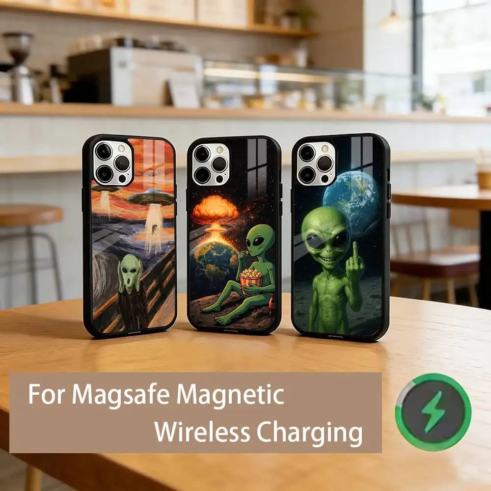 Funny Aliens UFO Phone Case For iPhone17,16,15,14,13,12,11 Plus,Pro Magnetic with Magsafe Wireless Charging