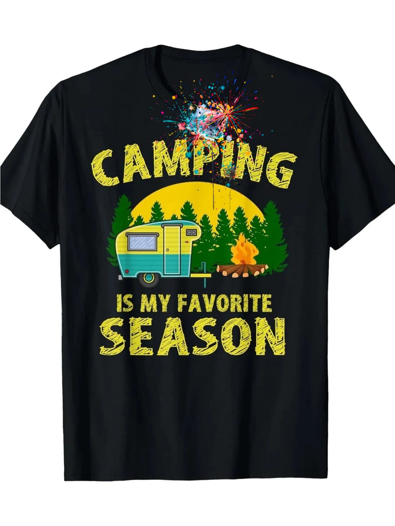 Camper Van, Pine Tree & Campfire Design Camping T-Shirt 100% Cotton O-Neck Short Sleeve Summer Casual Mens T-shirt .