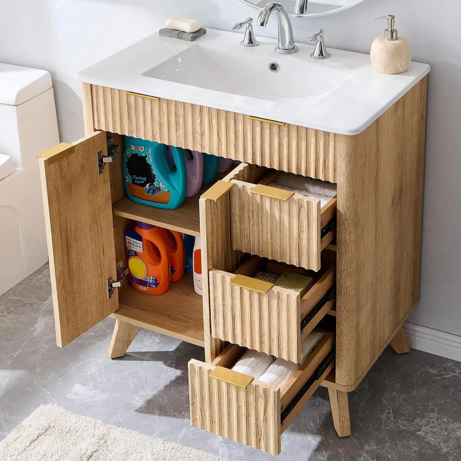 Freestanding Modern Bathroom Storage Vanity Cabinet with 2 Soft Closing Doors & 3 Drawers, Wood Grain Texture, Customized
