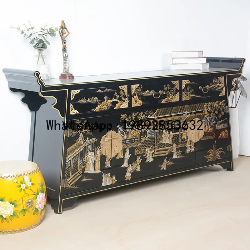 Z1   Antique Hand-painted Entrance Cabinet Qingming Riverside Scene Decorative Cabinet Raised Head Gold-painted   Wood Sideboard