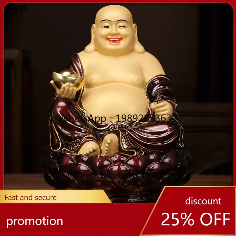 YFY Pure Copper Gold-Plated Maitreya Buddha Wealth-Attracting Ornament for Home Worship, Whole Hall Buddha, Office, Living Room