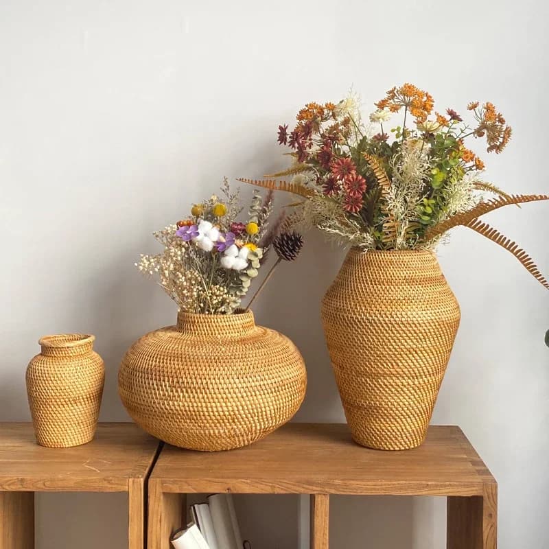 Premium Rattan Woven Art Vase Stylish Boho Tabletop Flowers Pot for Elegant Home Decor & Indoor Plants