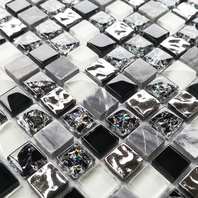 2024 Building materials black glass crystal mosaic ice-cracked white stone background wall bathroom tiles fish pond floor tiles