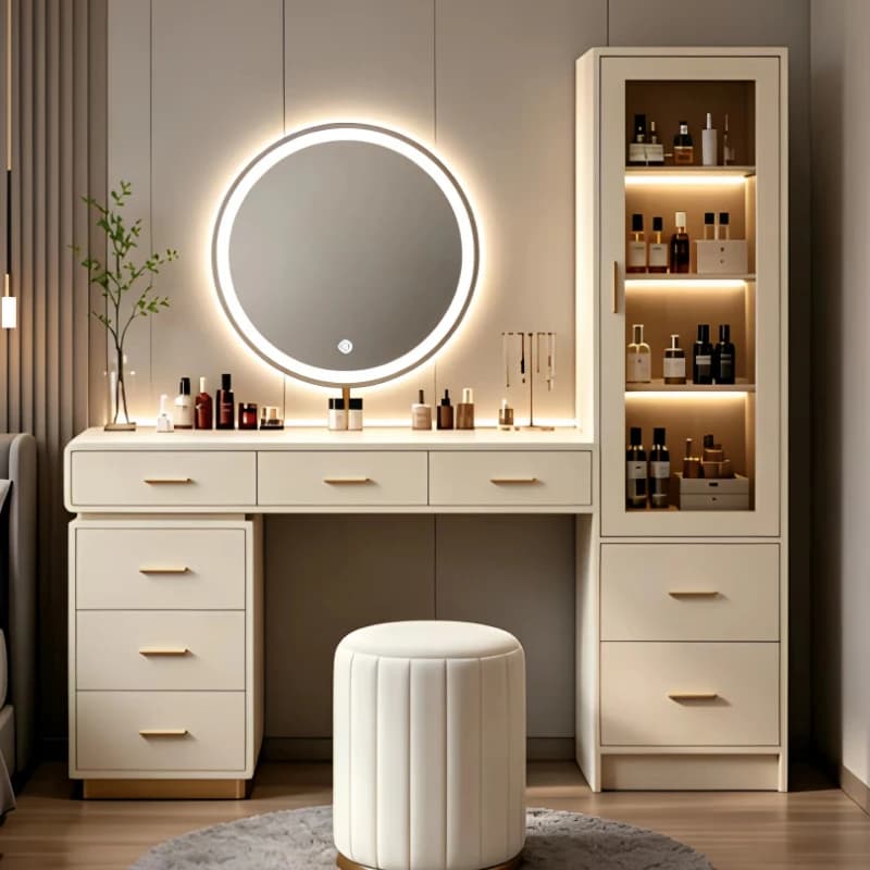 Modern professional white mirror lighted dressing table and dressing table, 3 lighting modes, suitable for bedrooms