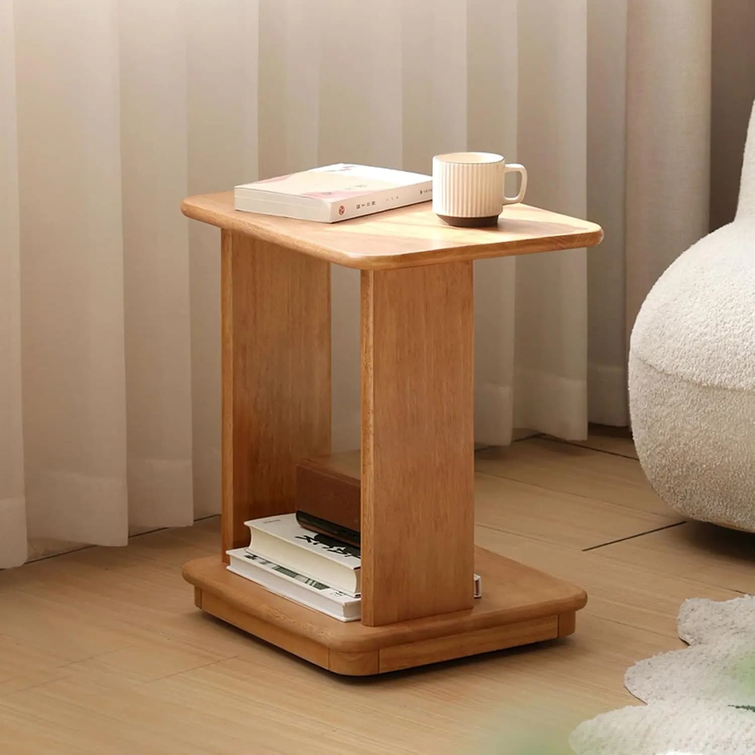 C Shaped End Table, Solid Wood Side Table, Small Rolling Side Table with 4 Lockable Wheels, 2-Tier Wood Bedside Table, End Table