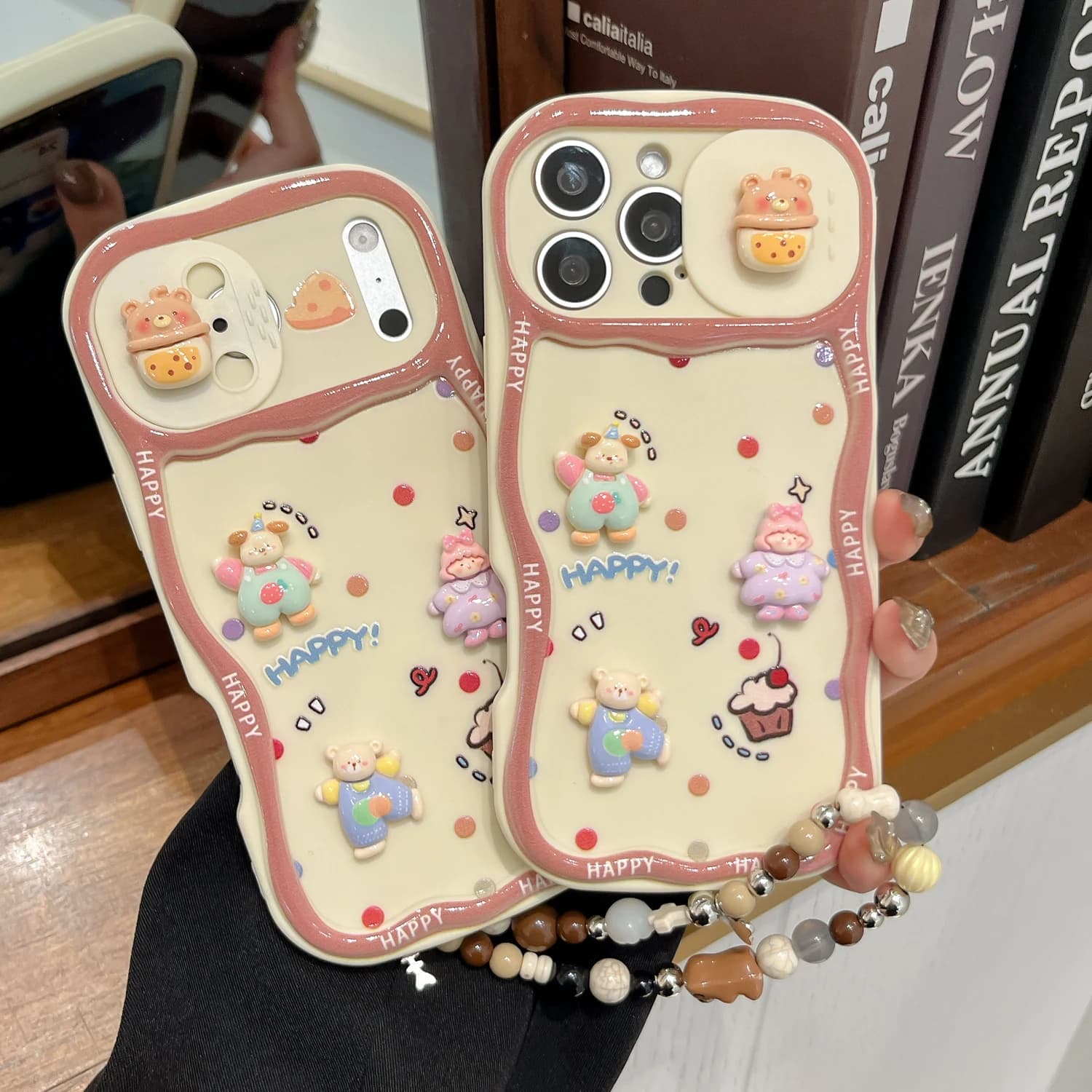 Cute  Bear Wave Border  Push-Pull Camera Protection Phone Case For iPhone 17 16 15 14 13 Pro Pro Max  Silicone Shockproof Cover