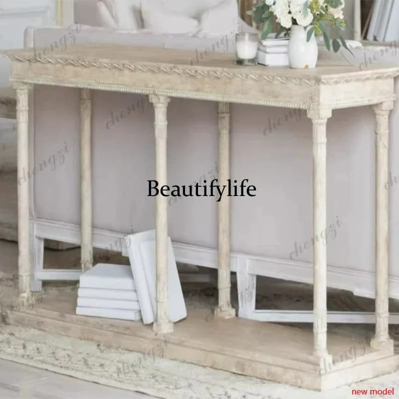 h178French white old solid wood entrance table, living room, porch table, American corridor foyer cabinet
