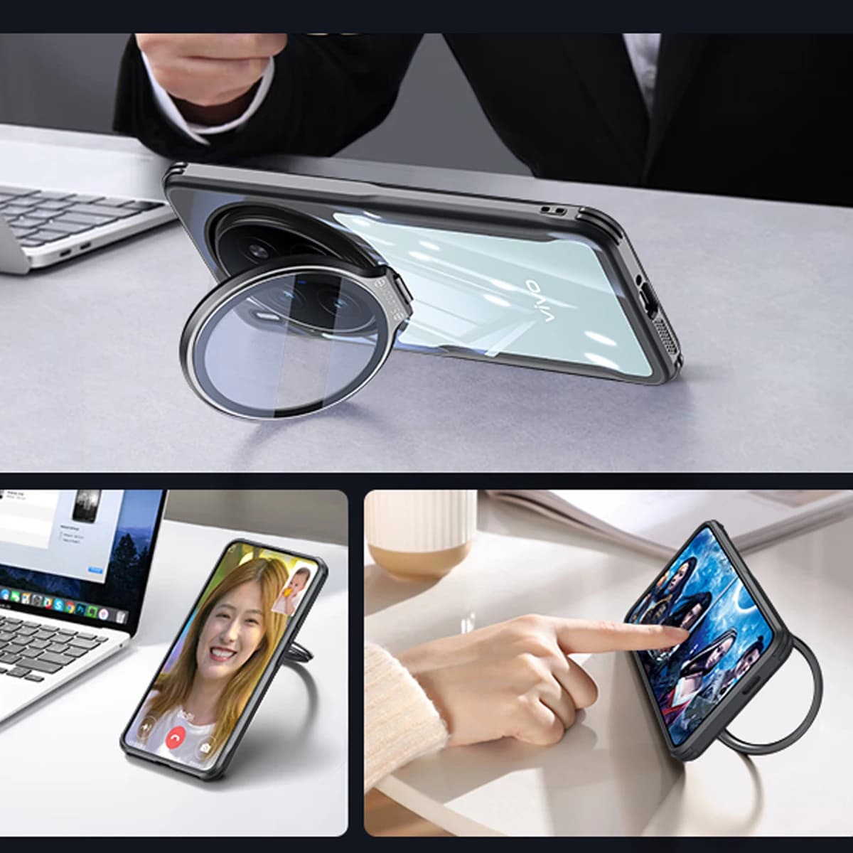 Shockproof Clear Lens Kickstand Case for Vivo X300 X200 Pro Mini X100 X200 Ultra, Built-in Glass Camera Protection Phone Cover