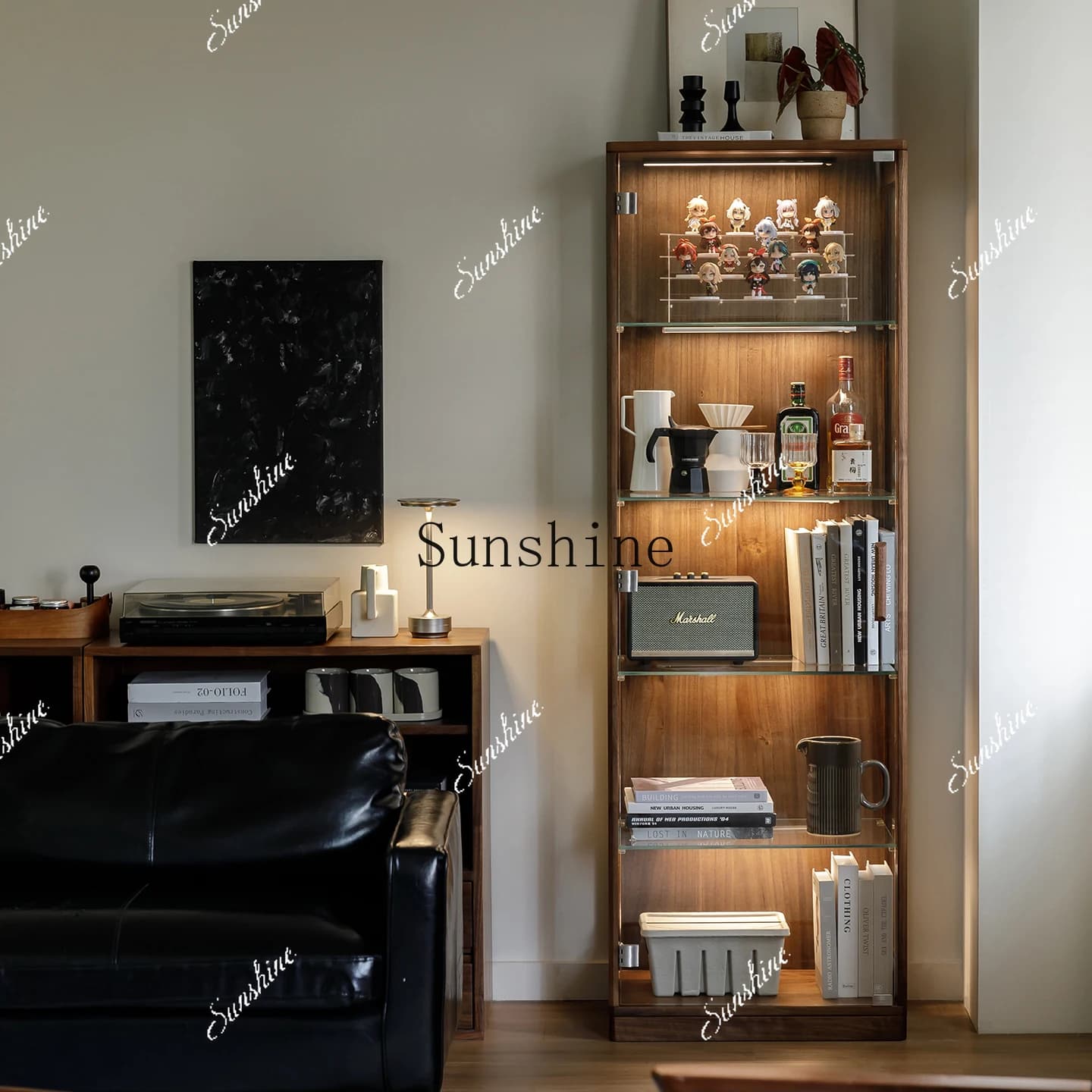 Glass display cabinet All solid wood living room Simple modern TV side cabinet  FT