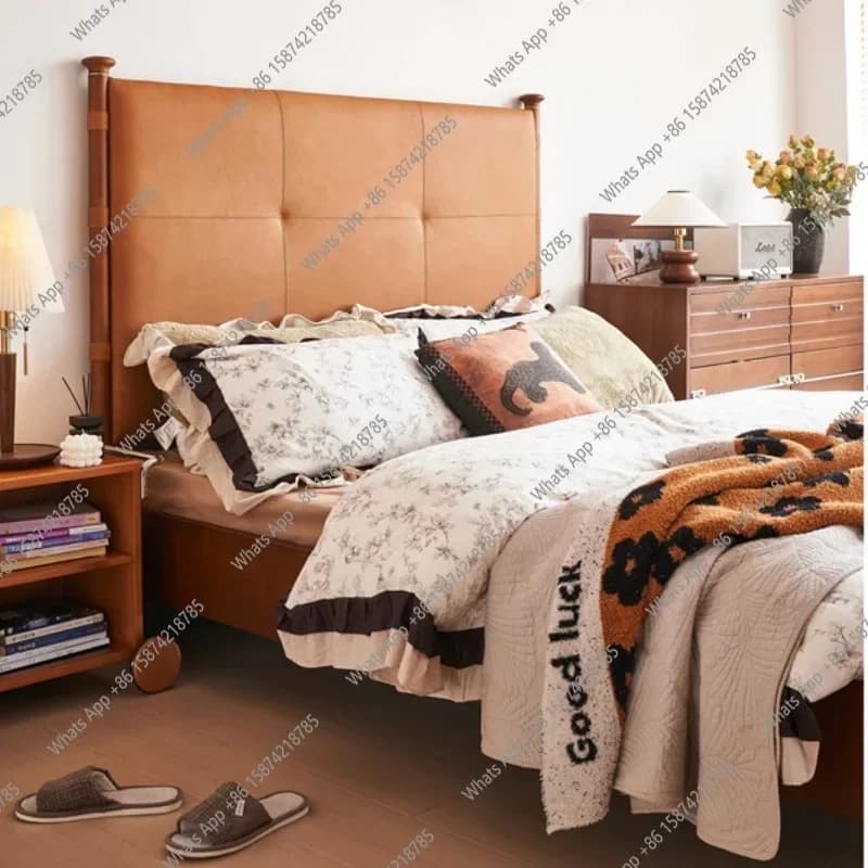 N49 J Medieval Style Solid Wood Bed, First Layer Cowhide Bed, Master And Second Bedroom, American Double Bed, Retro Style 1.8M P