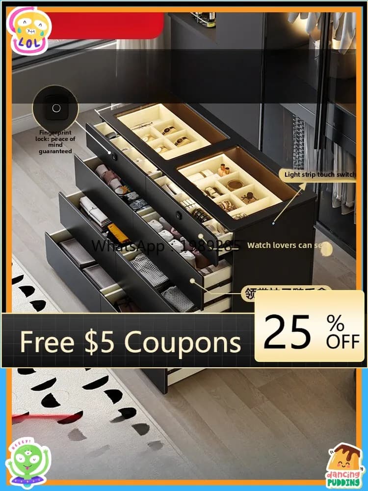 High-end Eight-drawer Cabinet Bedroom Wall-mounted Storage Cabinet with Smart Lock Black Cabinet Island