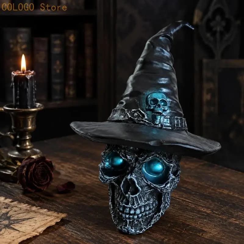 Halloween Skull Figure Wearing a Tall Pointed Hat for Dark Displays D0LD