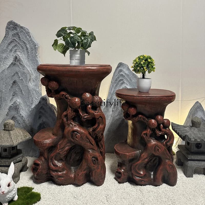 3-Flower shelf, living room, flower pot frame, indoor balcony, imitation root carving, household, bonsai, potted plants, rocker