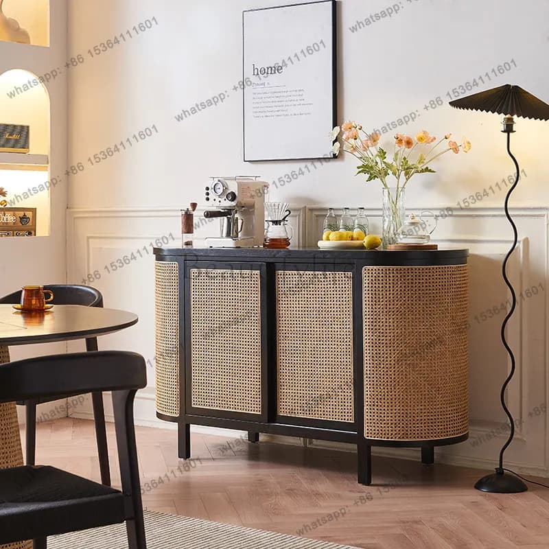 Nordic solid wood dining side cabinet sliding door modern simple rattan dining side storage entrance cabinet